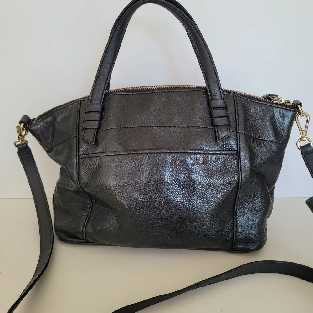 Cole Haan Black Leather Satchel Crossbody Bag Gold Hardware Braided Zip Pull